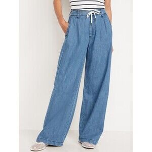 OLD NAVY Super Wide-Leg Drapey Jeans Womens 6 Petite Blue Drawcord Pleated NEW